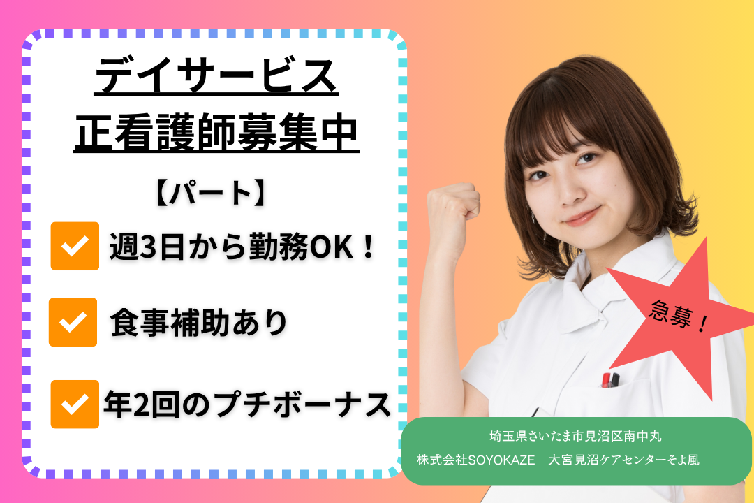 プチボーナス年2回×食事補助ありのデイサービスで働く正看護師　R15308-ns-ns-np-kyo